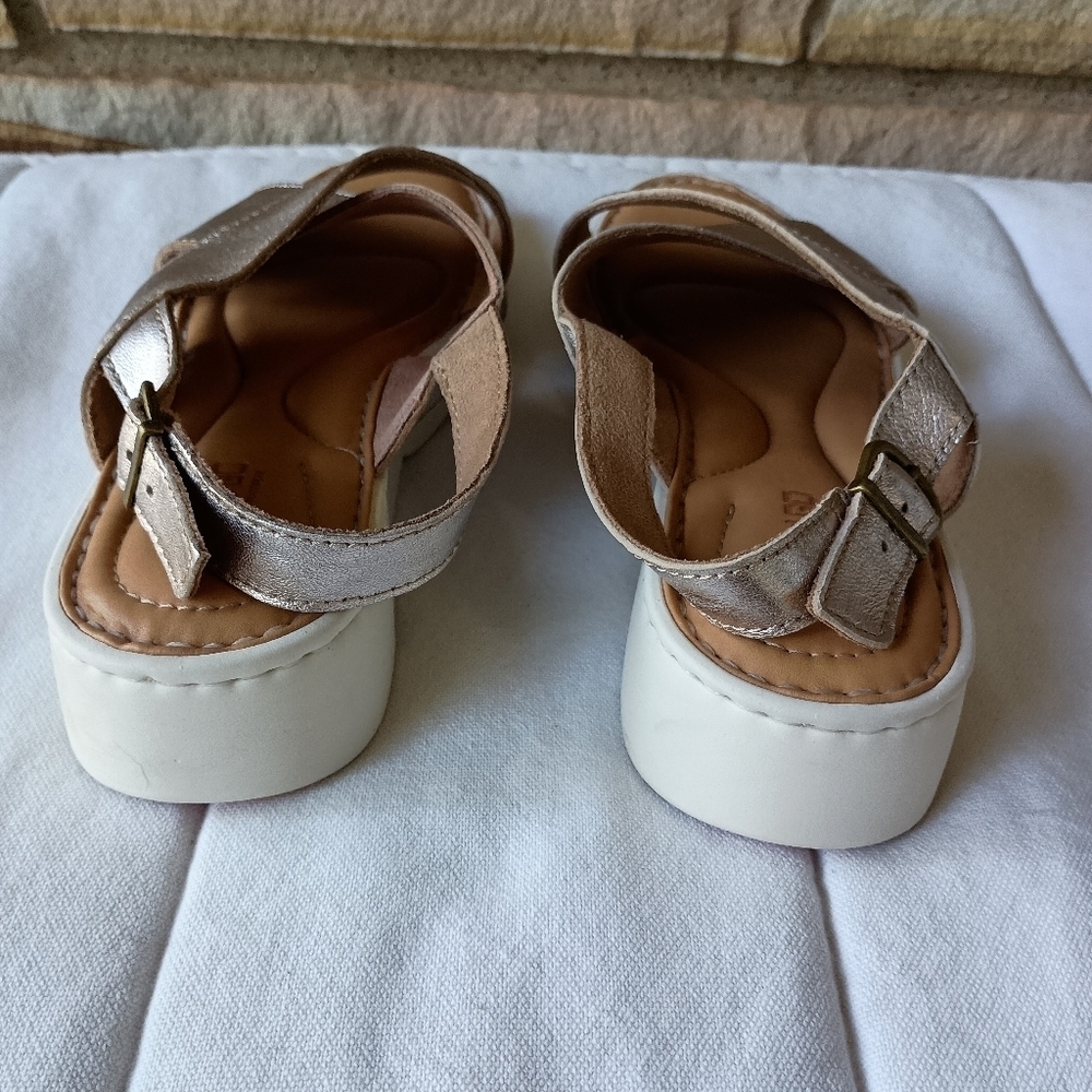 Dwarves Handmade Leather x strap Sandals Metallic Golden Womens Platform_8 - Picture 7 of 10